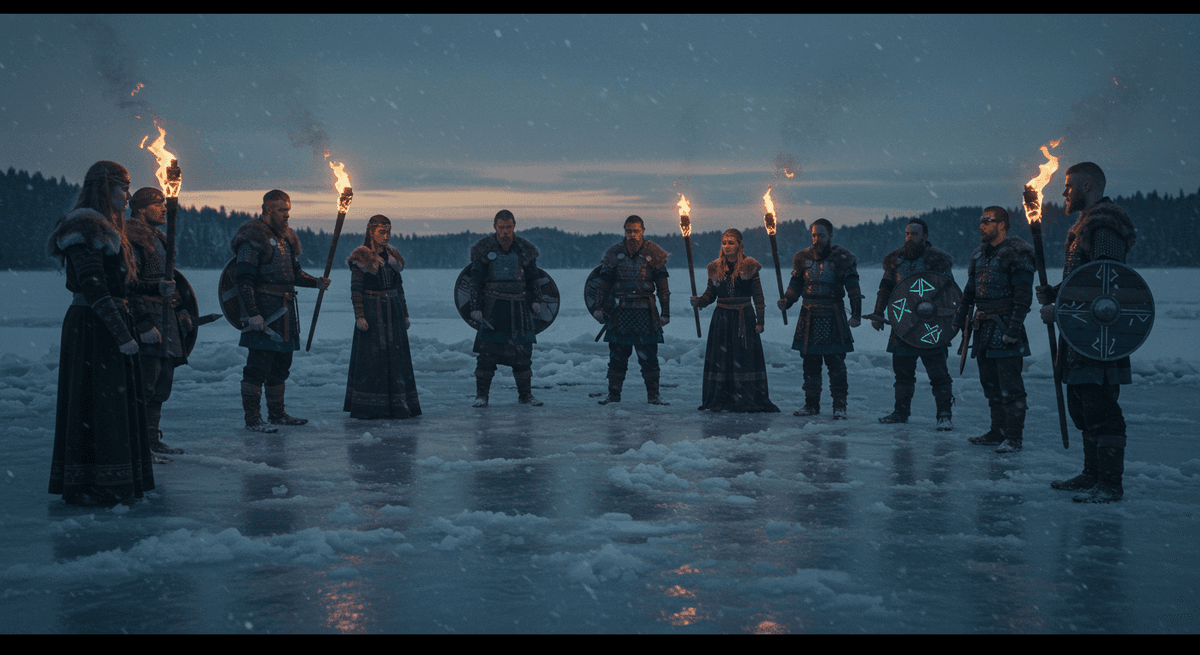 Guerreiros nordicos com tochas em uma paisagem congelada